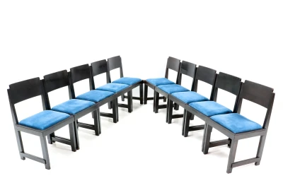 Set of 10 Art Deco Dining Chairs, Black Lacquered Oak, 1920s